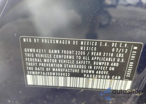 2013 Volkswagen Jetta 2.5L Se из США, поврежденный, VIN 3VWDP7AJ5DM356022